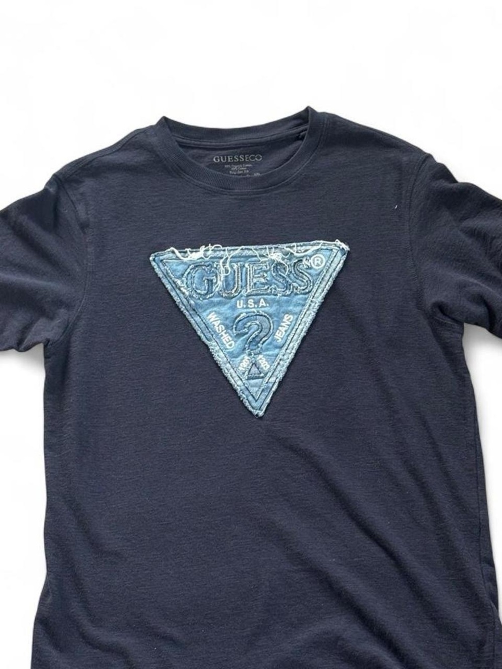 Guess Navy T-Shirt with Light Blue Distressed Triangle Logo